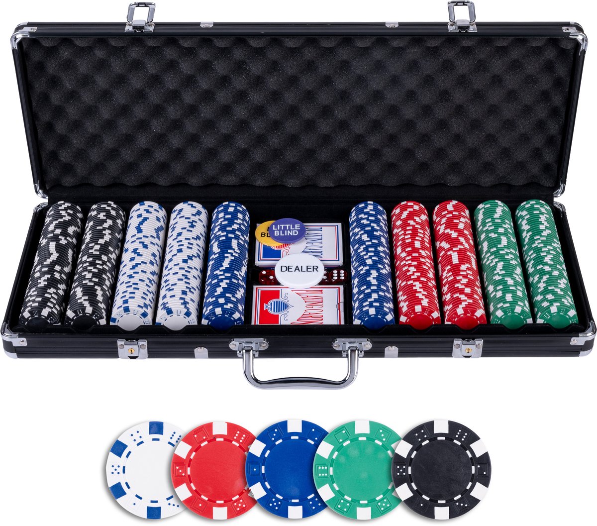 Set da poker Engelhart 500 fiches (11,5 grammi) in custodia nera – con 2 set di carte da gioco, 5 dadi e pulsanti del mazziere