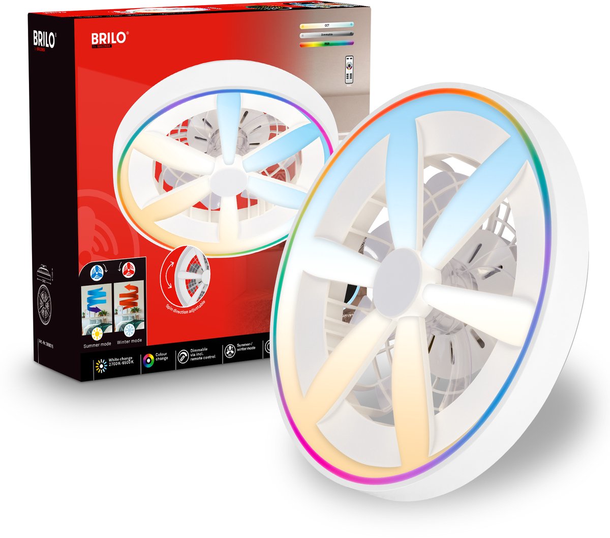 Briloner air - plafondventilator met rgb verlichting - plafondventilator dimbaar - ventilator lamp 5 snelheden - zomer- en wintermodus - rgb cct - ø48cm - wit