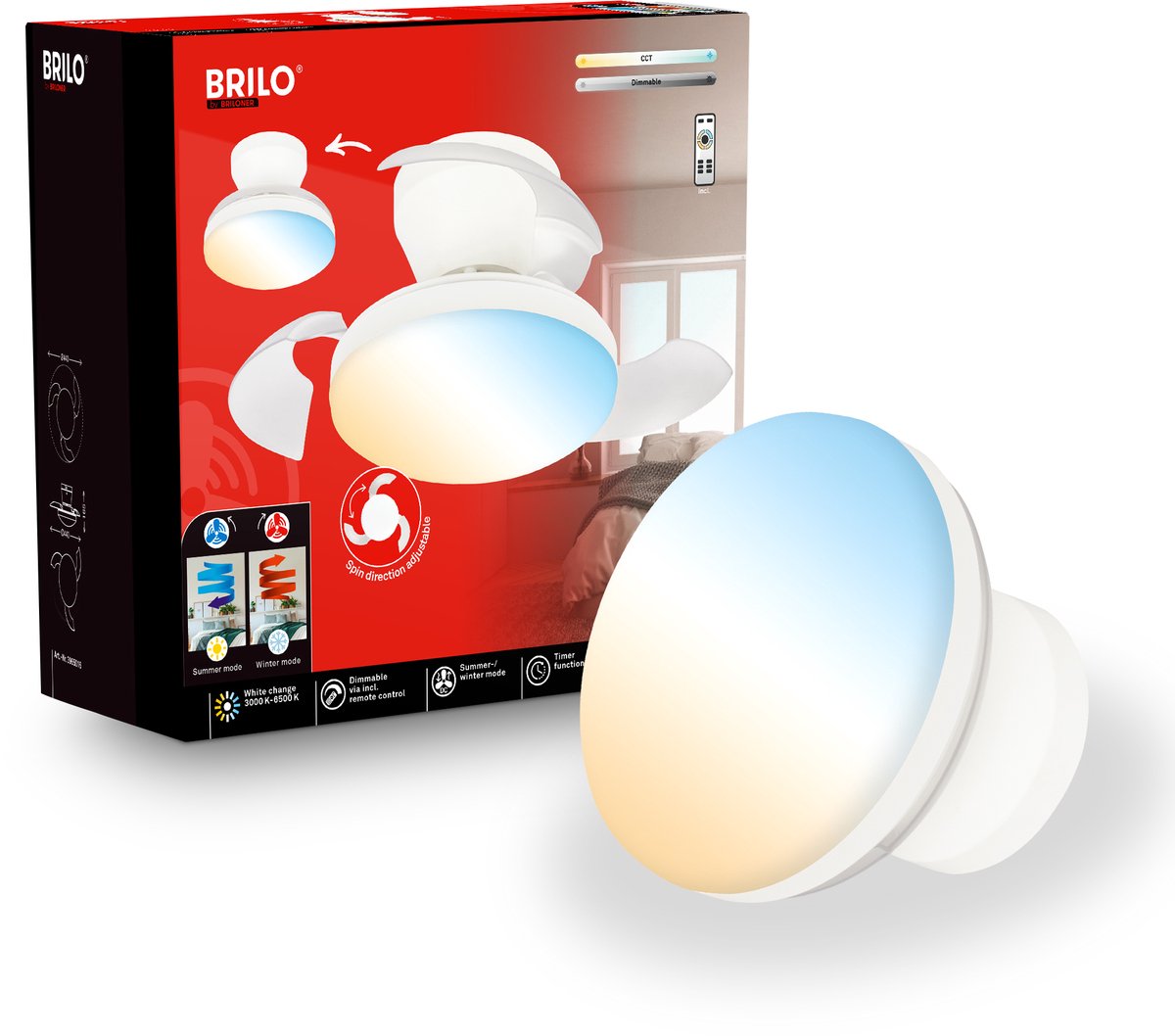 Briloner raven - ventilatore da soffitto con illuminazione - lampada da soffitto a LED con ventilatore - lampada ventilatore modalità estate e inverno - dimmerabile - CCT - ø44cm - bianco