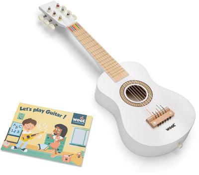 Chitarra giocattolo in legno Woet ® con tracolla - bianca - strumento giocattolo - la mia prima chitarra con libretto di musica - suona la chitarra per bambini - da 3 anni