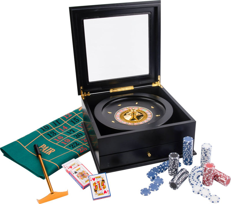 Juego completo de ruleta Engelhart - Caja de ruleta de 36 cm con alfombra de 130 x 90 cm - Rastrillo de croupier de 200 fichas - Lujosa caja de almacenamiento de madera negra - Juego de casino para el hogar -