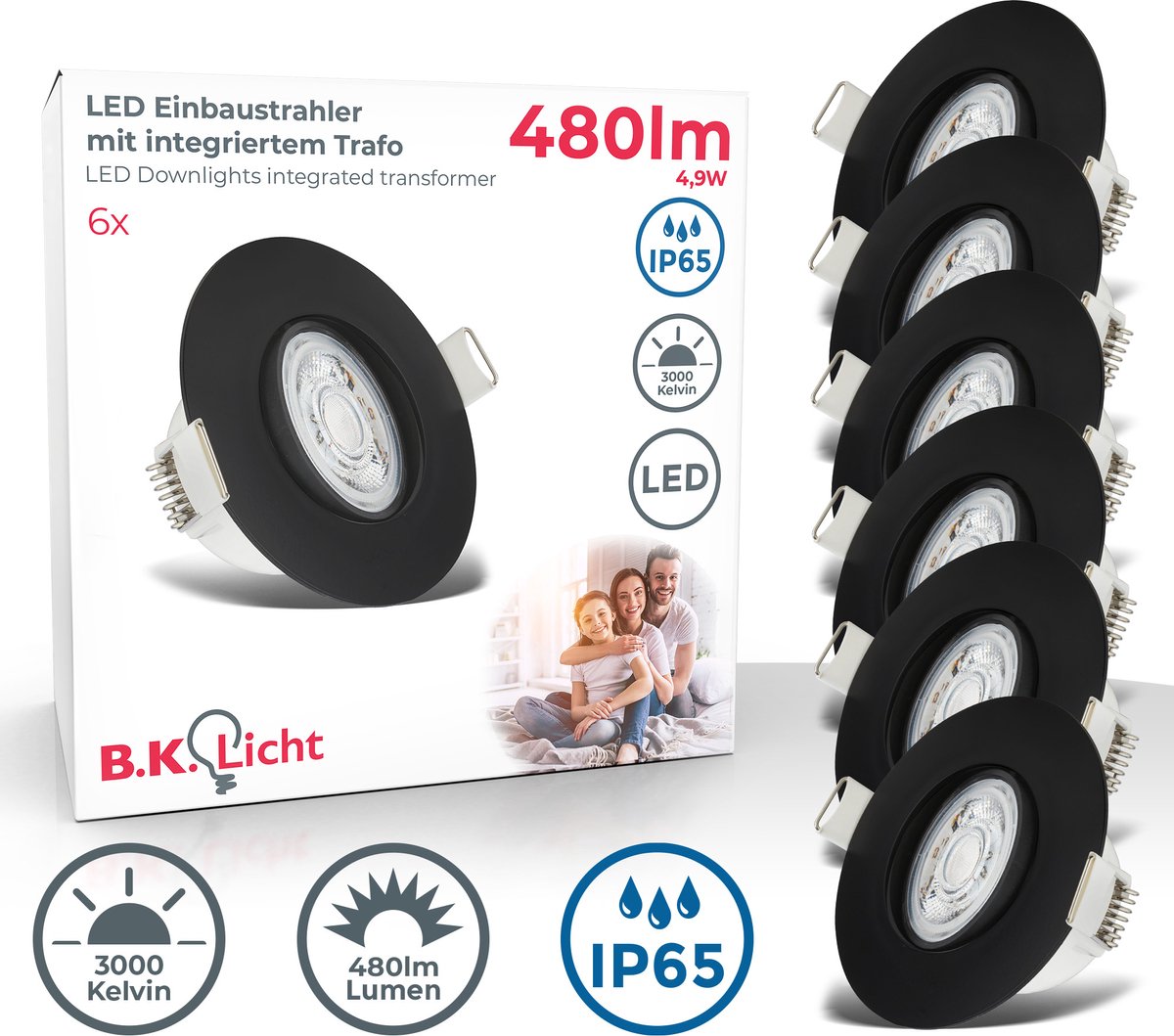 B.k.licht - led badkamer inbouwspots - zwart - set van 6 - badkamerverlichting - ip65 - kantelbaar - 9 x 4,2 cm (dxh)