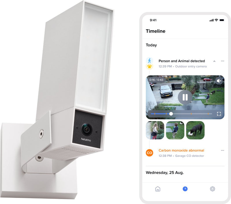 Cámara de seguridad original Netatmo - cámara exterior inteligente con sirena - 2k+ HDR, detección AI, visión nocturna con sirena de 110 dB - Google Home, Apple Homekit Amazon Alexa - blanca