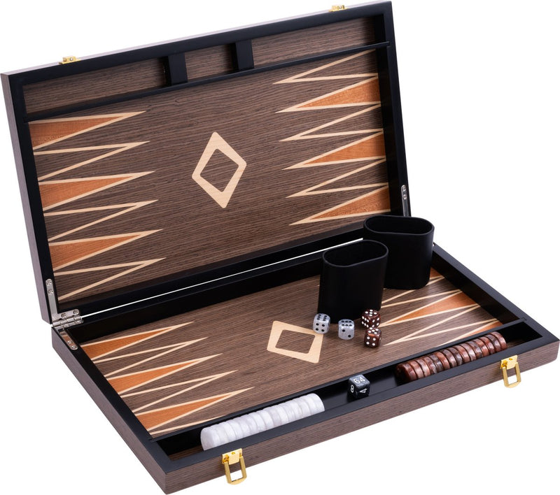 Backgammon Longfield de 18 pulgadas – madera de nogal con incrustaciones – maleta de nogal de lujo – juego de mesa estratégico de viaje – corazón de ángel