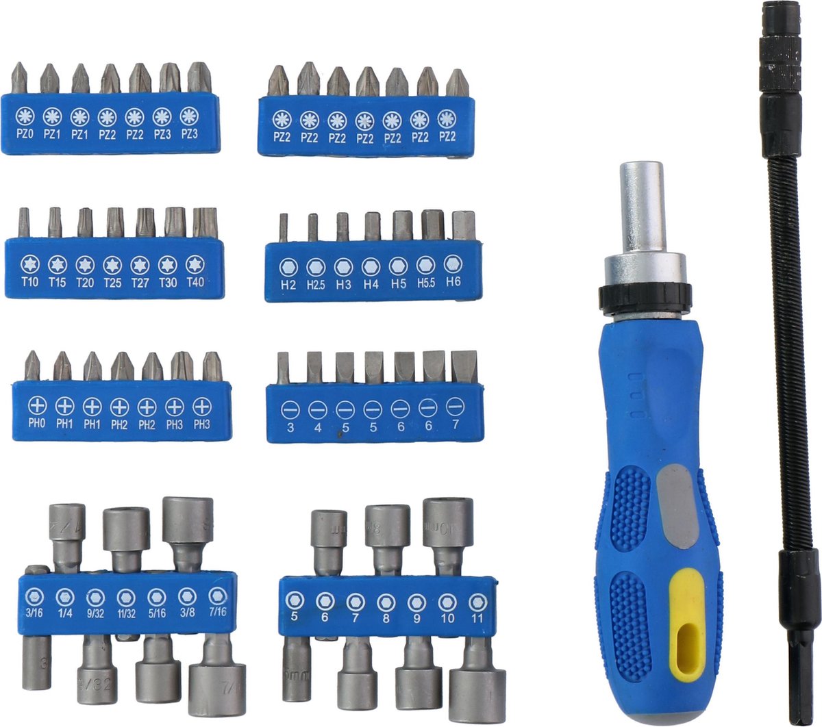 Set di utensili Kinzo: set di bussole con cricchetto - 14 bussole - 42 punte - inclusi Torx, Allen e Phillips - 58 pezzi