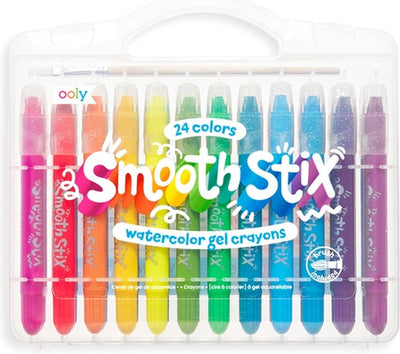 Ooly - crayones de gel de acuarela Smooth Stix - 24 colores de crayones de gel de acuarela - incluye pincel - soluble en agua - con tapones de rosca de plástico - en un práctico estuche de viaje - apto a partir de 3 años