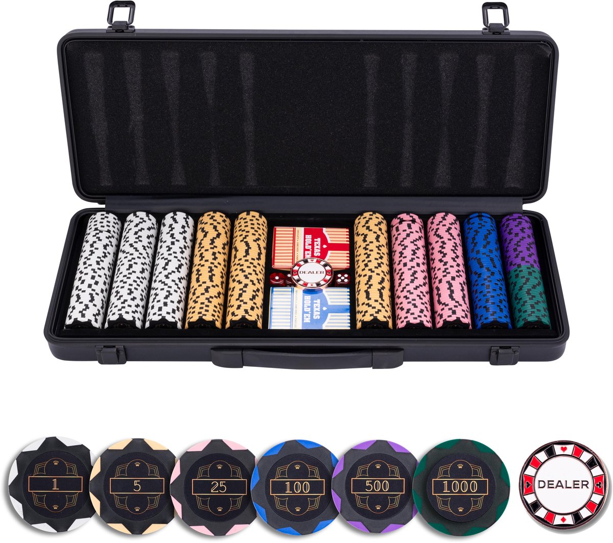 Longfield pokerset 500 chips 14 gram – waarde chips €1 €5 €25 €100 €500 – speelkaarten, dealer button dobbelstenen – zwarte aluminium koffer – engelhart