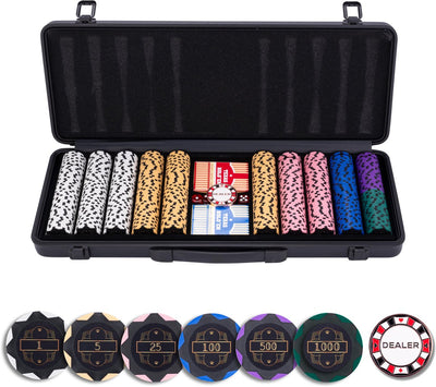 Juego de póquer Longfield 500 fichas 14 gramos – fichas de valor 1 € 5 € 25 € 100 € 500 – naipes, dados con botón de repartidor – estuche de aluminio negro – corazón de ángel