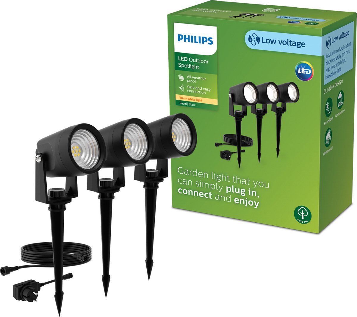 Philips led philips reuel gardenlink - 3-pack - sokkellamp met spies - 24v - warm wit licht; 2700k - zwart - tuinpadverlichting