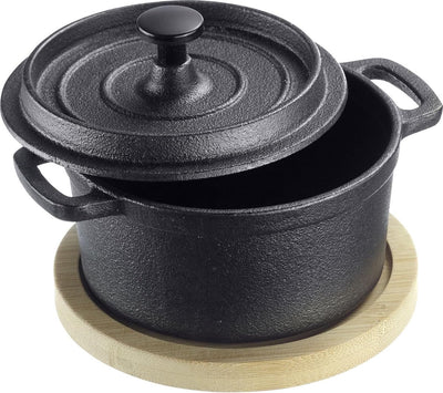 Padella in ghisa Westmark tapas + friends - piccola padella in ghisa con coperchio, adatta a tutti i tipi di piani cottura, compresi induzione e grill, incl. sottobicchiere in bambù - ferro, 250 ml