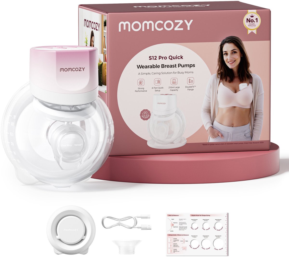 Momcozy s12pro quick handsfree borstkolf - 1 stuk - extra stil en compact - elektrisch - oplaadbaar - roze wit - s12pro+
