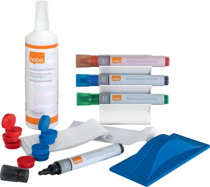 Starter kit per lavagna bianca Nobo - con 4 pennarelli per lavagna - cancellino - magneti - spray detergente