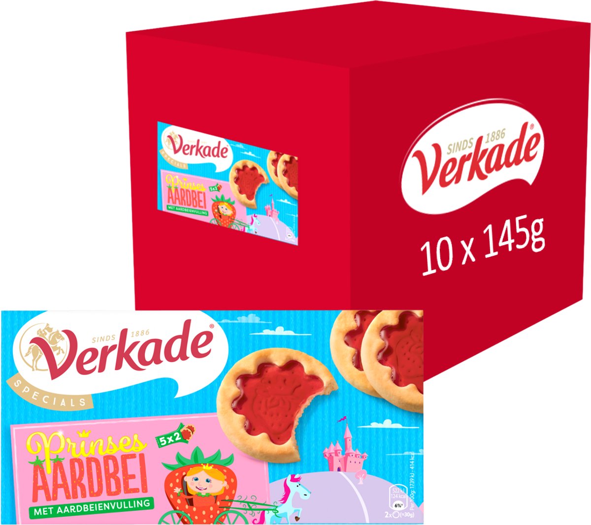 Verkade - koek - prinses aardbei koekjes - 10 x 145 gram