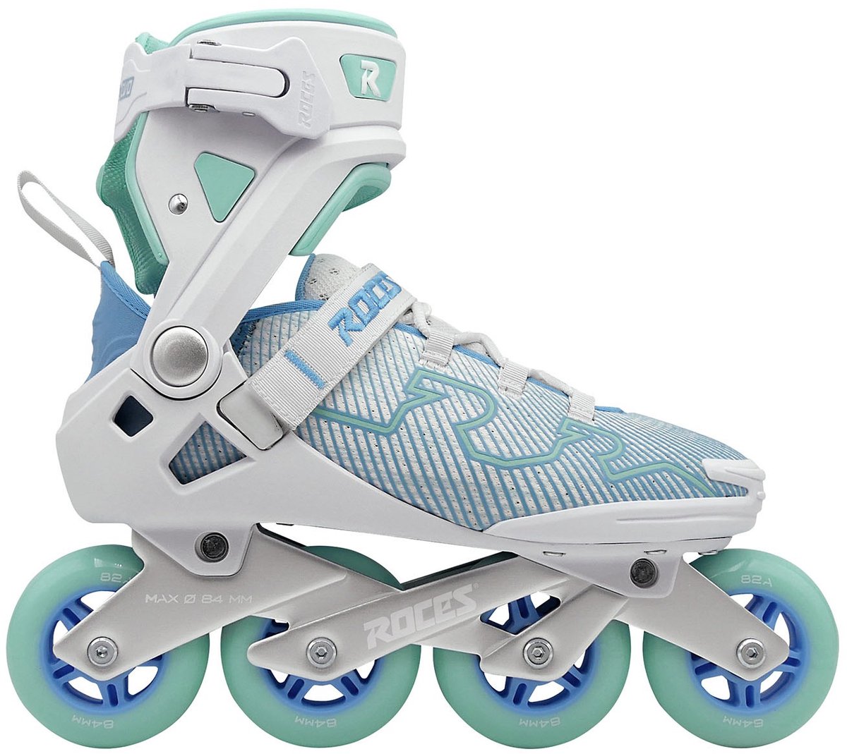 Roces r-evo 84 skeelers – 84mm – softboot – extra comfort stabiliteit – heel lock easy entry – abec-7 – fitness inline skates – dames – wit azuurblauw – maat 39