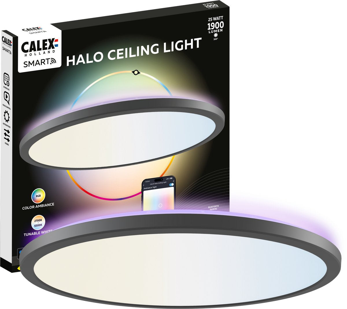 Plafoniera intelligente Calex halo - lampada da soffitto intelligente 40 cm - RGB e luce bianca calda - nera