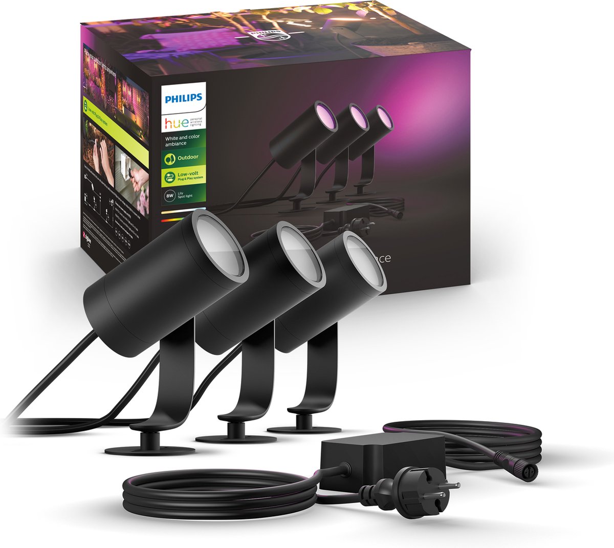 Foco de jardín Philips Hue Lily - luz blanca y de colores - 3 focos - negro - bajo voltaje - base