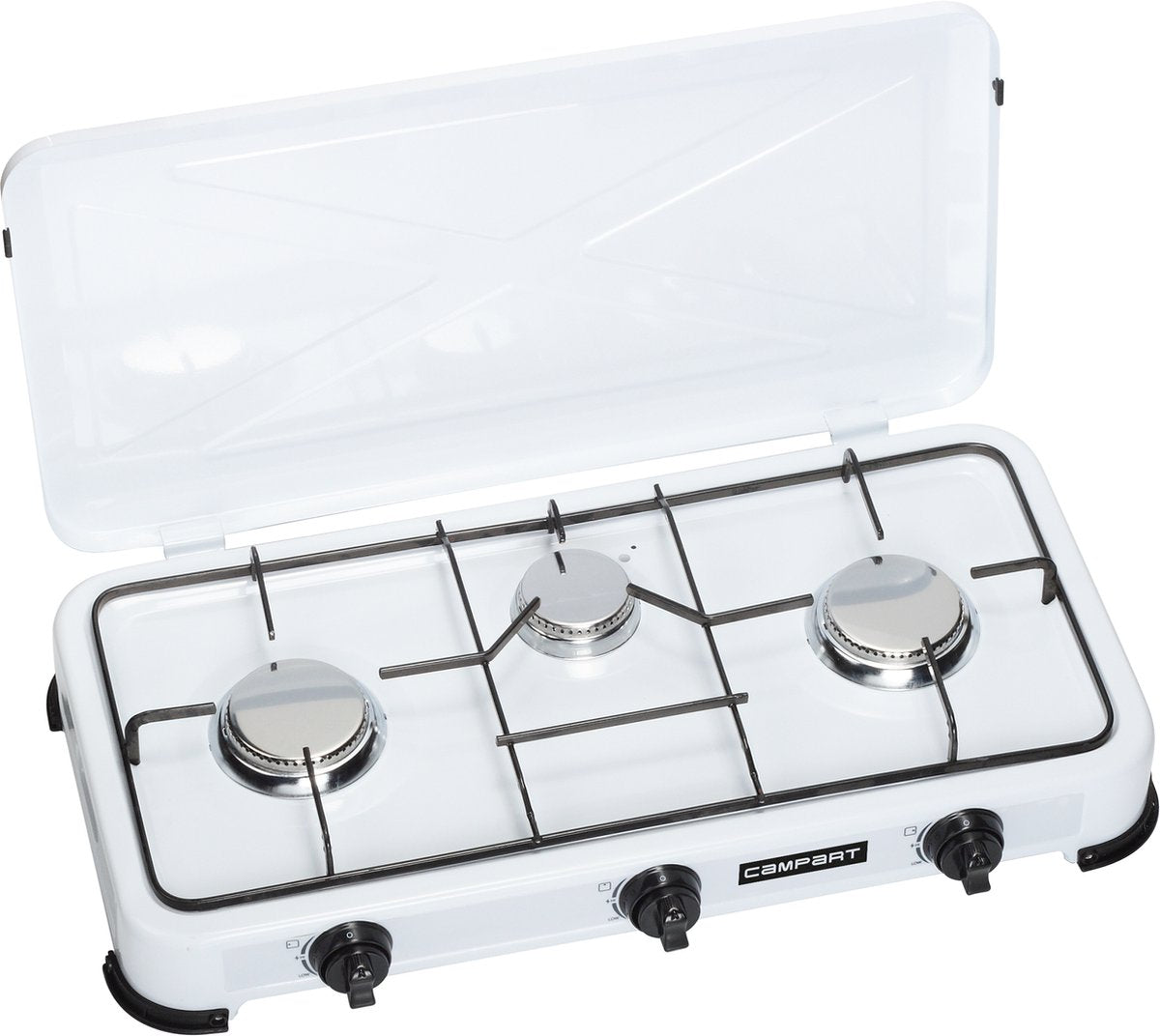 Campart camping kookstel ko-6383 - campingkooktoestellen 3 pitten – gas kooktoestel met rvs brander - wit