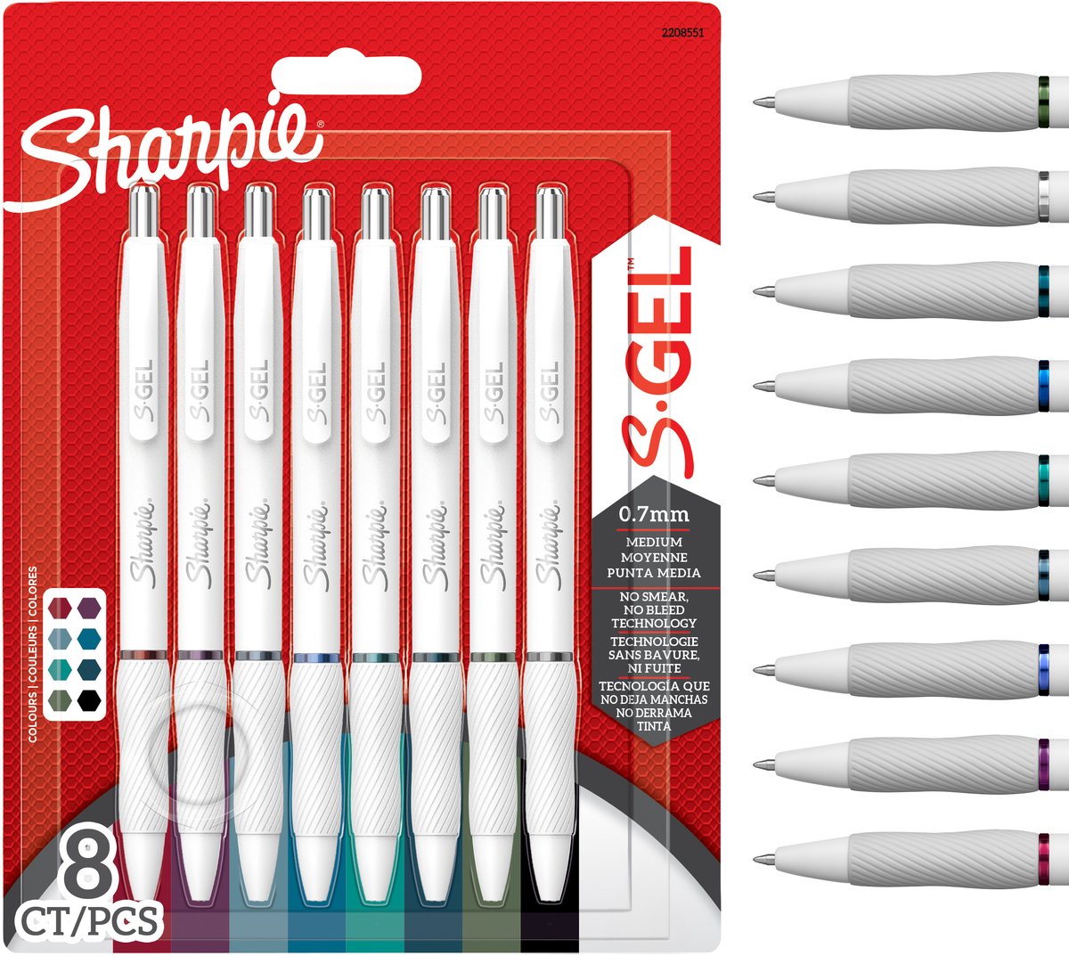 Sharpie s-gel | gelpennen voor schrijven | medium punt (0,7mm) | diverse inktkleuren | witte parel behuizing | 8 stuks