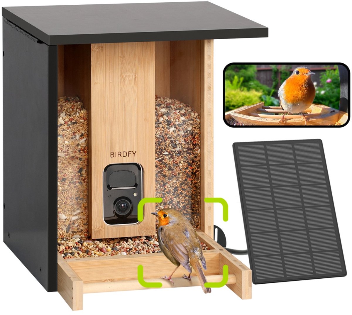 Birdfy   feeder  bamboo – vogelhuisje met camera – live vogels spotten via je smartphone - slim voederhuisje met ai‑herkenning 1080p hd – kleur‑nachtzicht – zonnepaneel draadloos – duurzaam bamboe design - cadeau voor natuurliefhebbers