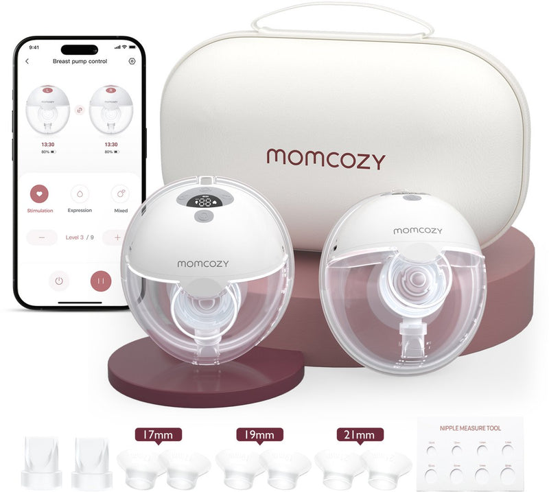 Momcozy m5 smart – extractor de leche manos libres – 2 piezas – eléctrico – compacto silencioso – con inserciones de protector de pecho – blanco gris