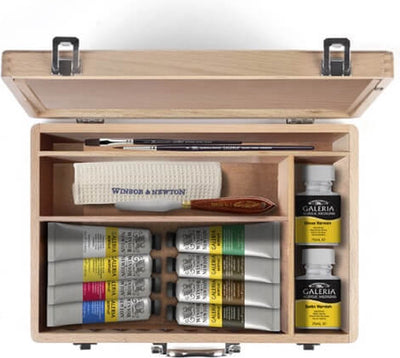 Winsor Newton 2190614 Galeria Set Colori Acrilici Luxury Scatola in Legno – 15 Pezzi – Incluso Cavalletto, Pennelli Accessori