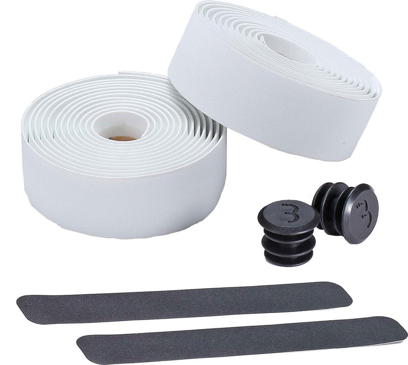 Nastro manubrio ciclismo Bbb bici da corsa - nastro manubrio autoadesivo con materiale elasticizzato - antiscivolo - lunghezza: 200 cm - spessore: 2 mm - compresi tappi manubrio - bianco - nastro da corsa bht-01