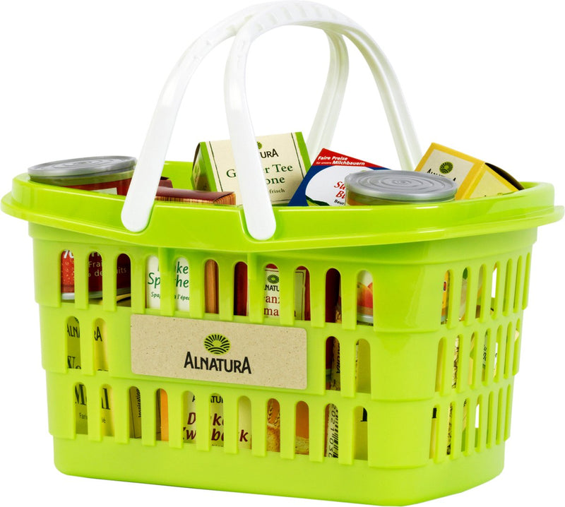 Cestino della spesa Klein Toys Alnatura - incl. numerose scatole accessorie e barattoli con prodotti alnatura - realizzati in bio plastica e materiale riciclato - verdi