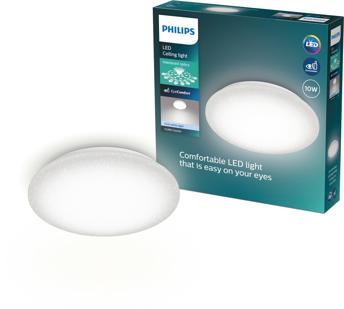 Philips led philips moire plafondlamp - glittereffect - koelwit licht: 4000k - diameter: 24 cm - 10w - rond - wit