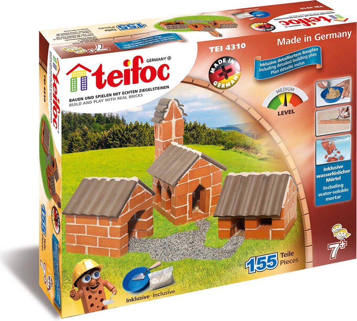 Teifoc ® bouwdoos – dorp – 155 onderdelen – echte mini bakstenen met cement, kom en troffel – bouwpakket voor kinderen vanaf 6 jaar