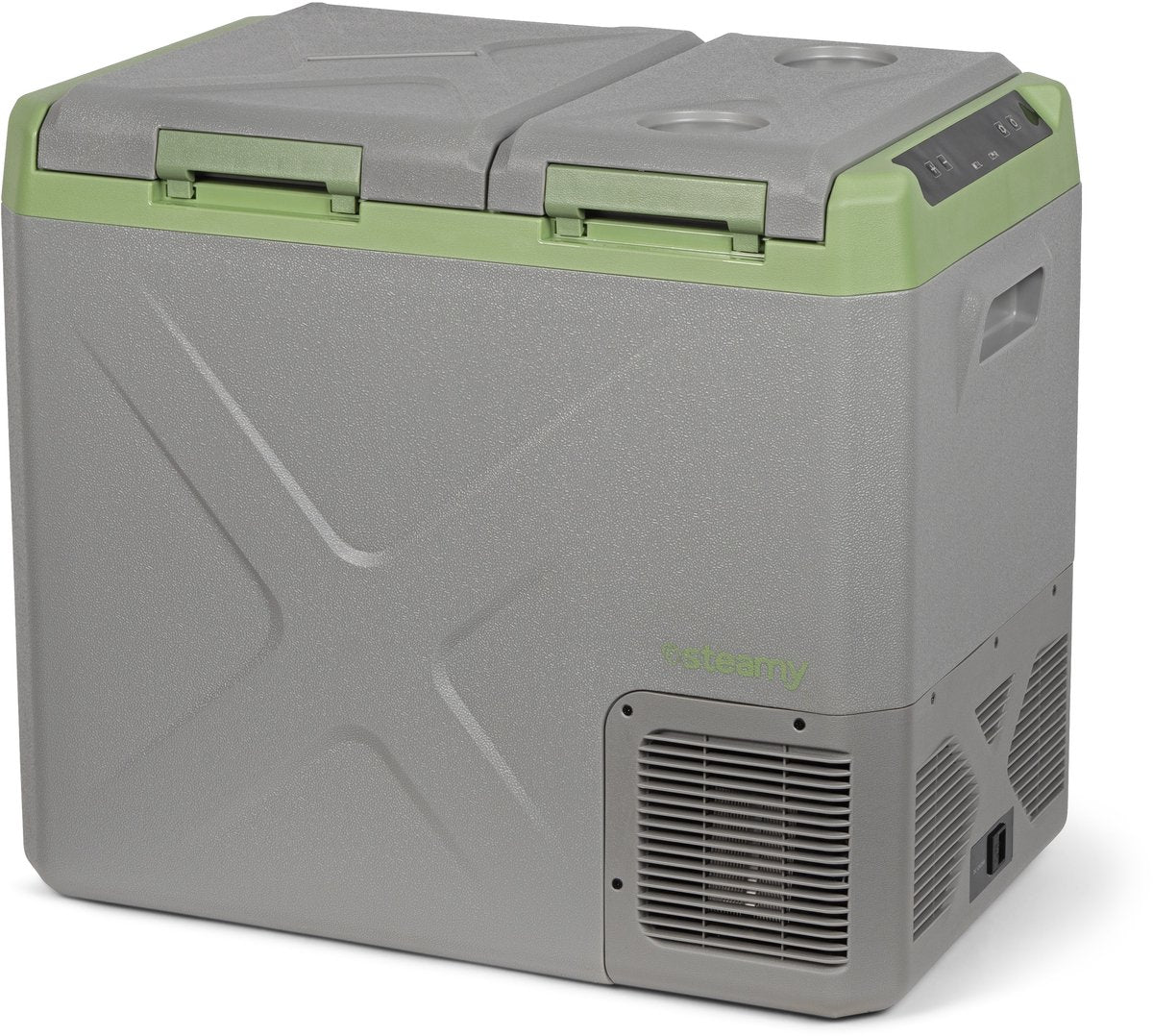 Frigo portatile a compressore elettrico Steamy-e - doppio scomparto - raffreddamento e congelamento simultanei - 40 litri - 12v e 230v - per auto e campeggio - grigio