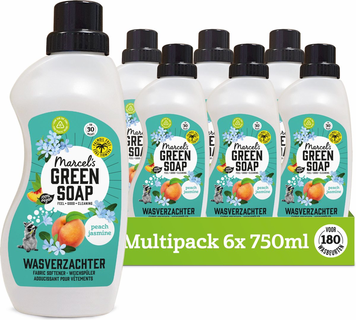Ammorbidente sapone verde Marcel's - pesca gelsomino - 6 x 750 ml - 180 lavaggi