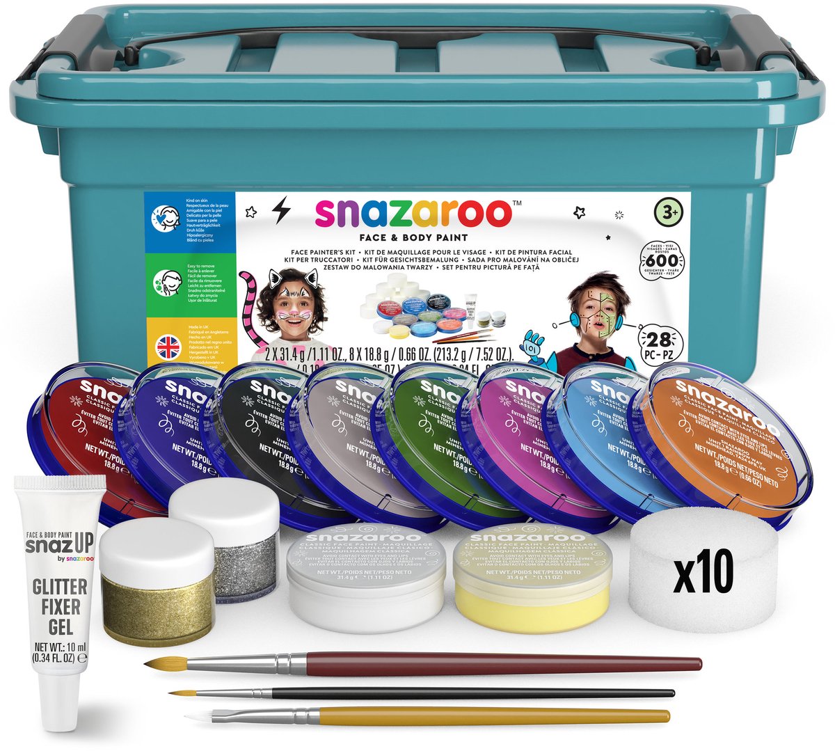 Snazaroo 1172250 kit professionale per truccabimbi - set completo per truccabimbi per scuole, feste - delicato sulla pelle, a base d'acqua compresi glitter