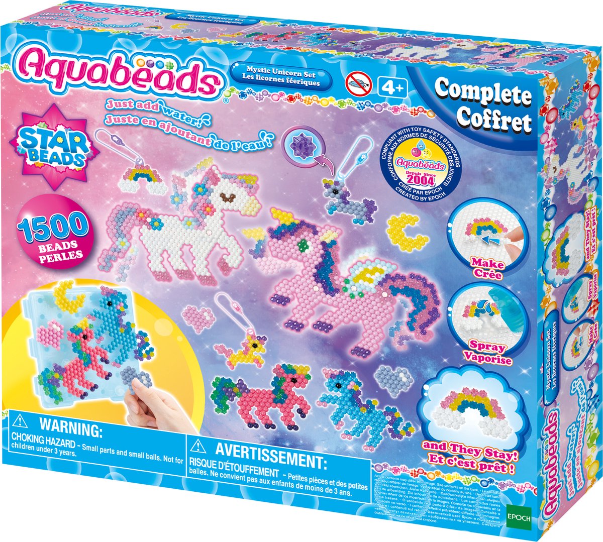 Aquabeads 31944 eenhoornset- complete set 1500 parels in 24 kleuren- inclusief sleutelhangers