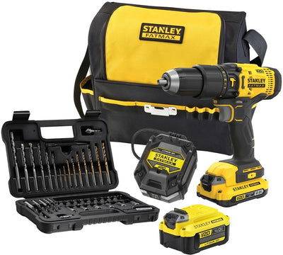 Stanley fatmax v20 18v brushless schroef- klopboormachine + rolmeter, waterpas en bitset in koffer (met 2x 2.0ah accu en lader) sfmck101d2t-qw