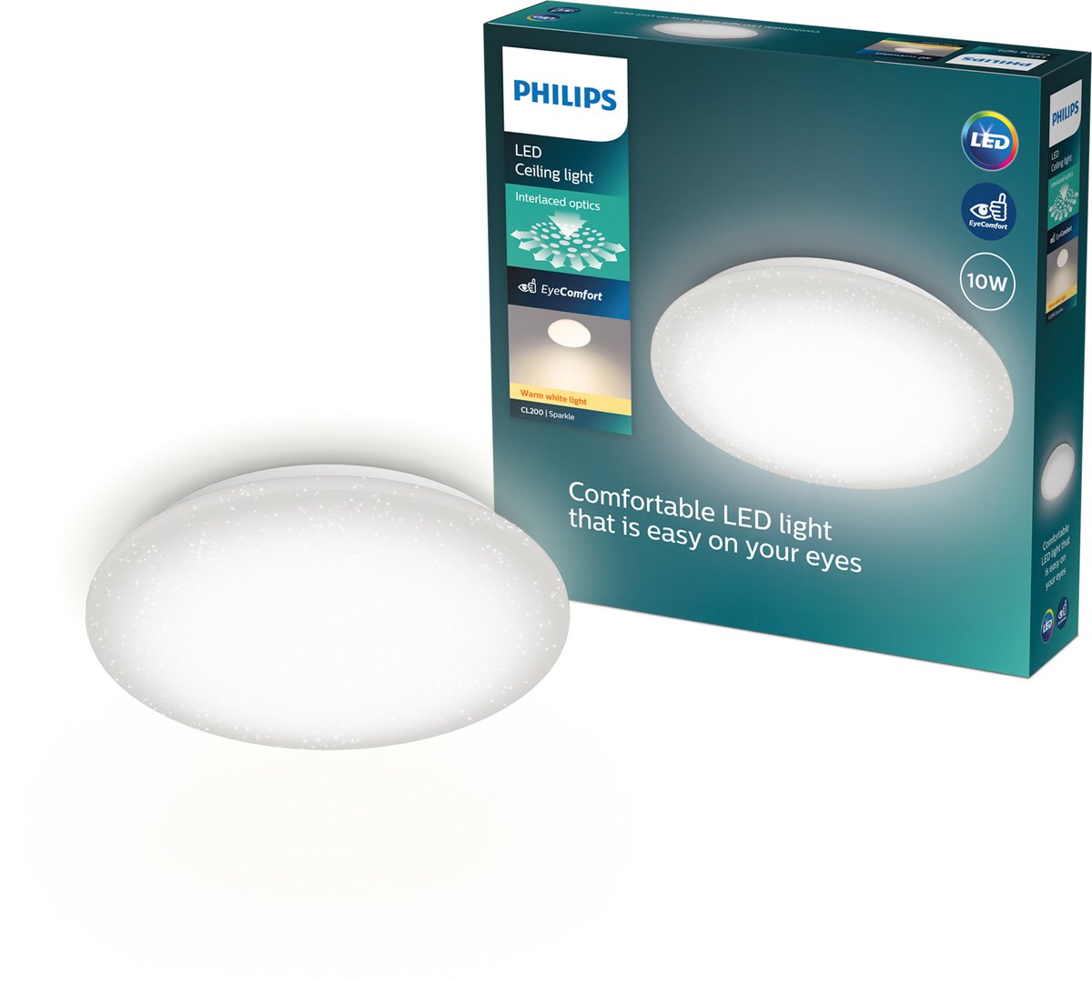 Philips led philips moire plafondlamp - glittereffect - warmwit licht: 2700k - diameter: 24 cm - 10w - rond - wit