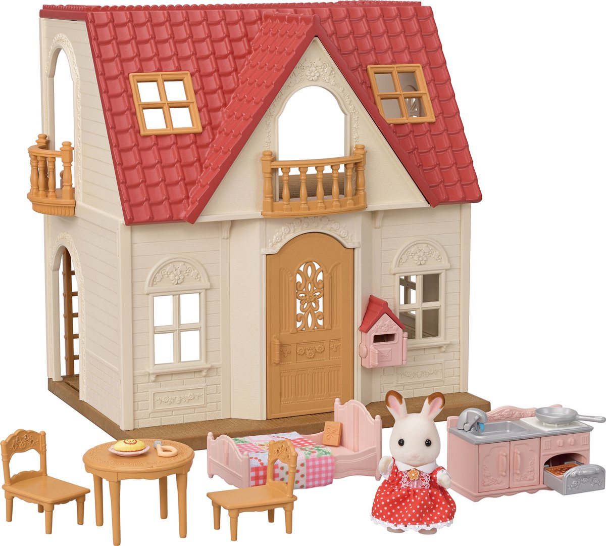 Sylvanian families 5567 startershuis- inclusief meubeltjes en 1 fluweelzacht chocoladekonijn- te combineren met ander poppenhuis ( 5708) tot een mega groot poppenhuis