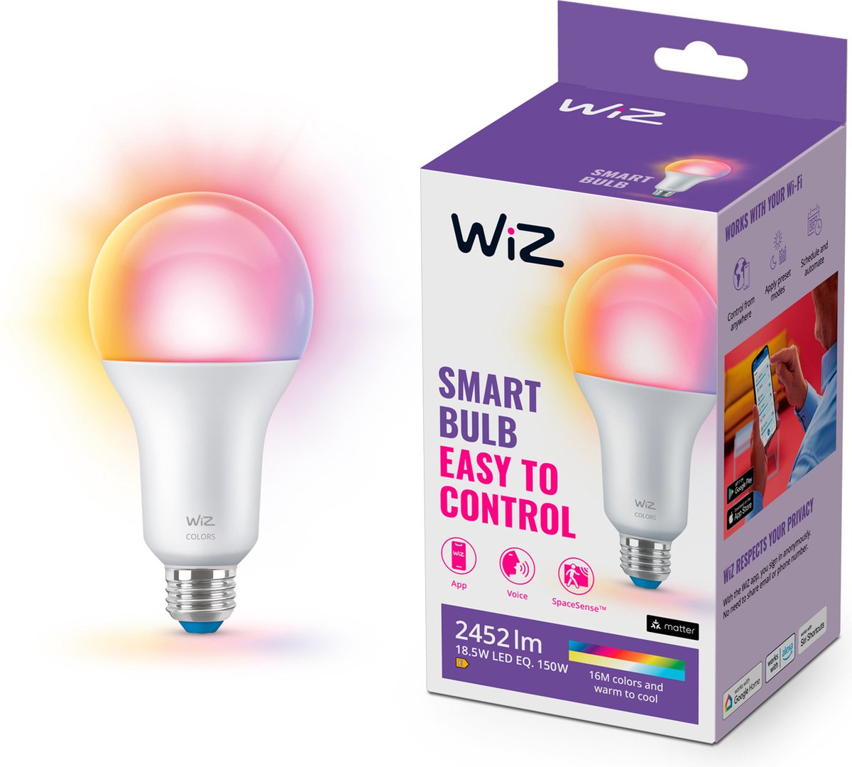 Lámpara Wiz - luz blanca y coloreada - iluminación LED inteligente - casquillo E27 - 150w - mate - wi-fi