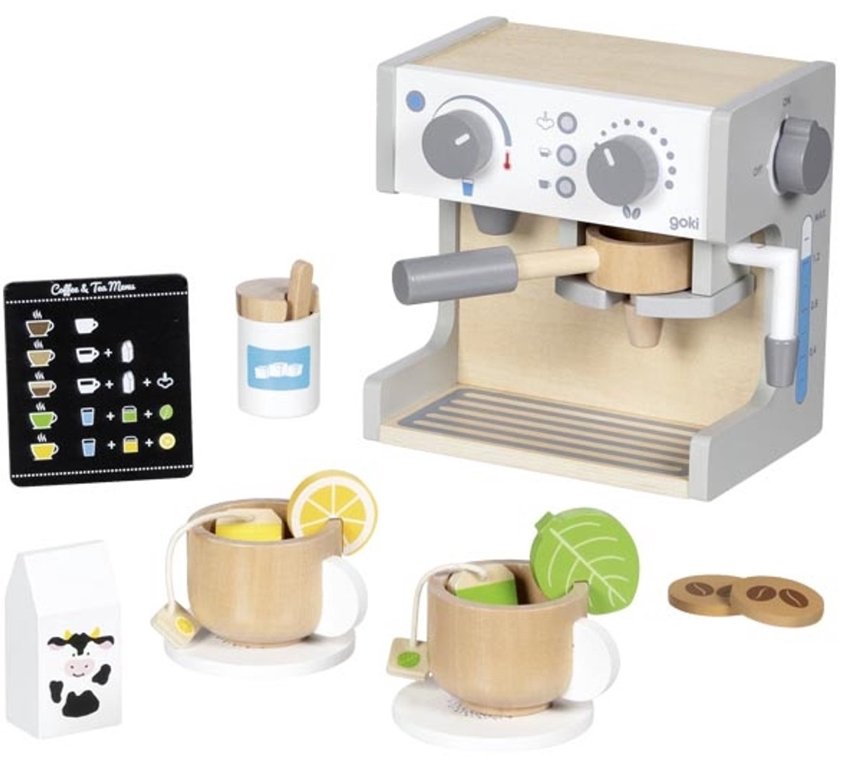 Macchina per caffè e tè Goki in legno - 16 pezzi.