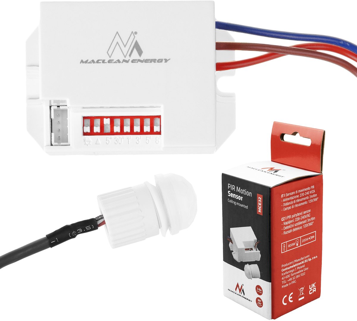 Sensor de movimiento Maclean pir detector infrarrojo de 360° mce32
