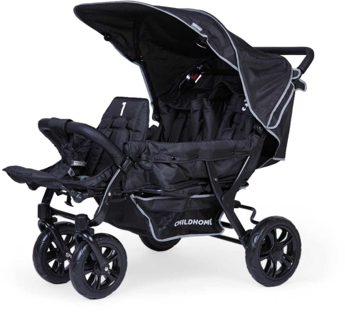 Passeggino triplo Childhome – 3 posti – nero – inclusa cappottina parapioggia – 132x85x104 cm