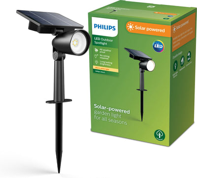 Lampada LED Philips Ashlyn a piantana con picchetto - lampada solare da esterno - luce bianca calda 2700k - nero - sensore crepuscolare - energia solare