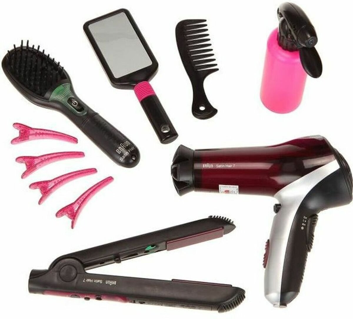Klein Toys Braun Satin Hair 7 mega set da parrucchiere giocattolo - incl. accessori - nero - rosa