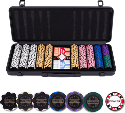 Set de poker longfield 500 fichas 14 gramos - estuche de aluminio negro - naipes - botón de repartidor - dados - corazón de ángel