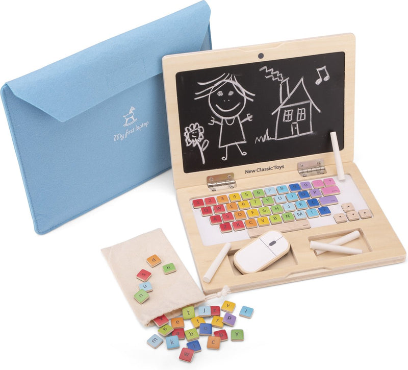 New Classic Toys ® laptop giocattolo in legno - 'il mio primo laptop' con lettere magnetiche lavagna - con borsa per laptop - giocattoli educativi per giochi di ruolo - da 3 anni