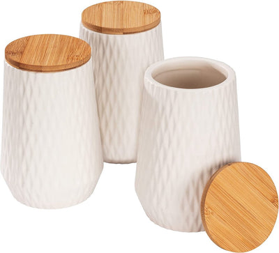 Wenko barattolo portaoggetti Diamond, moderno set da 3 barattoli in ceramica con coperchio in bambù ed elegante struttura a diamante per la cucina o altri ambienti della casa, ciascuno con una capacità di 0,6 litri, bianco marrone