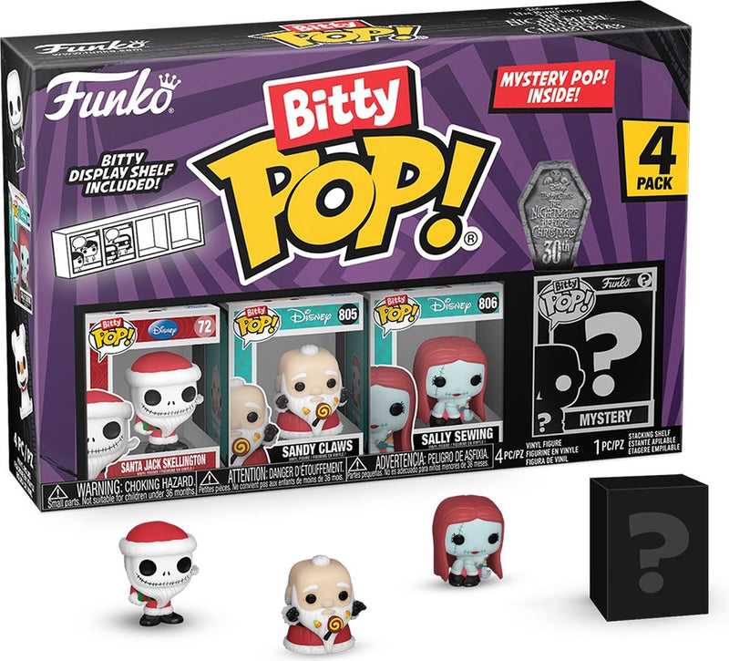 Funko la pesadilla antes de navidad santa jack skellington, garras arenosas, costura sally + figura misteriosa (bitty pop! paquete de 4)