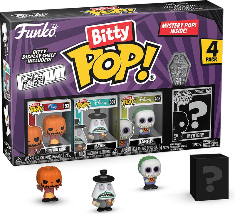 Funko la pesadilla antes de navidad rey calabaza, alcalde, barril + figura misteriosa (bitty pop! 4 pack) figuras de vinilo