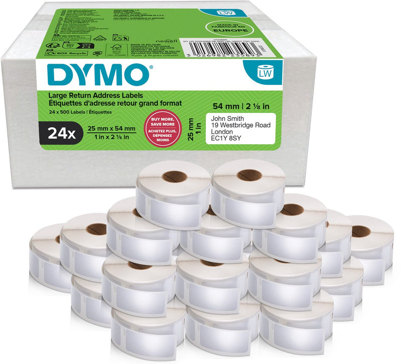 Etichette per indirizzo di ritorno originali Dymo labelwriter | 25 mm x 54 mm | 24 da 500 etichette ciascuno (12.000 etichette autoadesive) | adatto per le stampanti per etichette labelwriter | prodotto in Europa