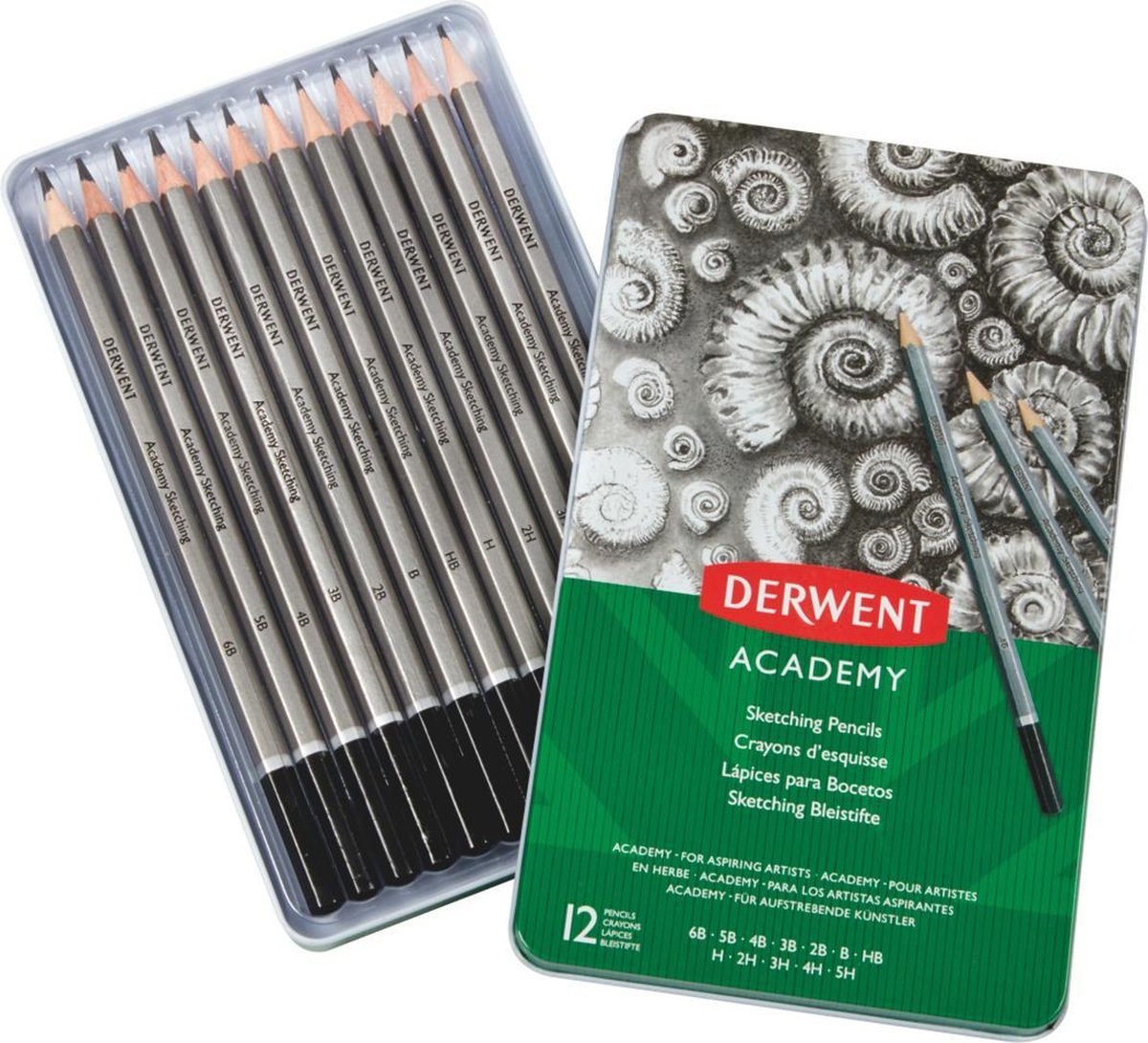 Matite per schizzi Derwent Academy 6b-5h in latta - 12 matite di grafite in latta - grigio nero