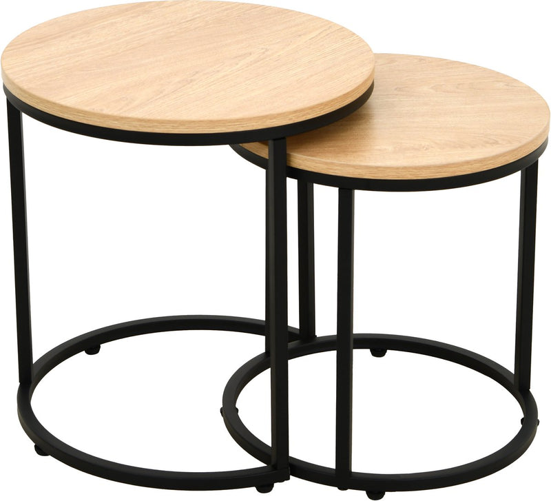 Set tavolini per il tempo libero Mano 2 pezzi - rotondo - effetto rovere metallo nero - tavolini impilabili - ø40 e ø35 cm